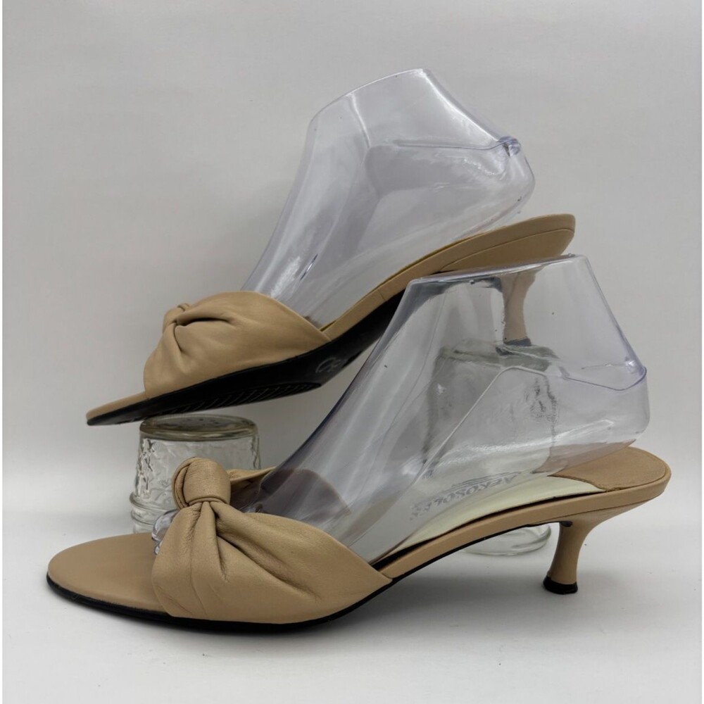 Aerosoles Tan Leather Bow Sandals Women's 9M Kitten Heel Slip On Dress Shoes